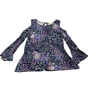 Jessica Simpson‎ Cold Shoulder Blouse Womens Large Blue Floral Bell Sleeve